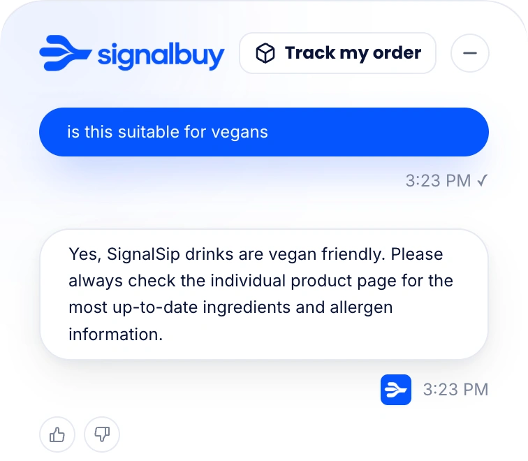 Actual Signalbuy AI Q&A confirming SignalSip drinks are vegan friendly and advising the shopper to check individual product ingredients and allergen information
