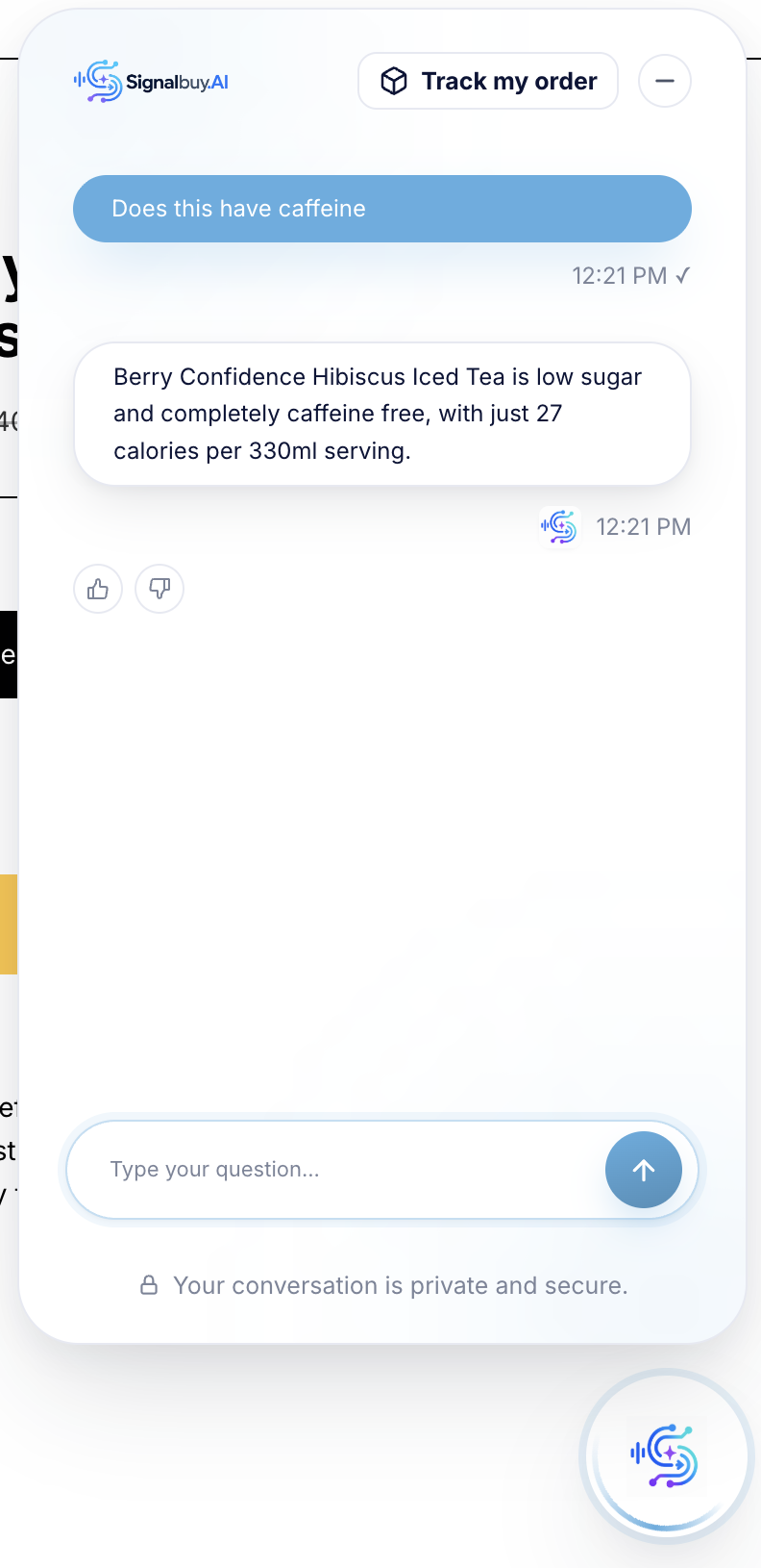 Signalbuy answering a shopper’s product question in the moment.